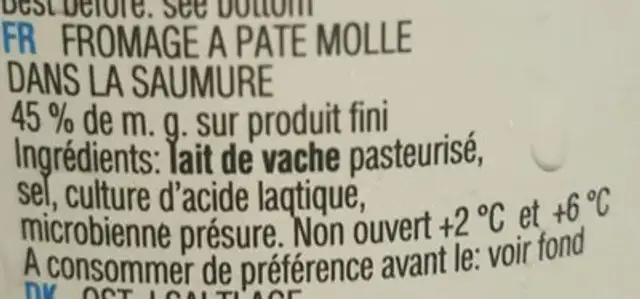Fromage ingredients label