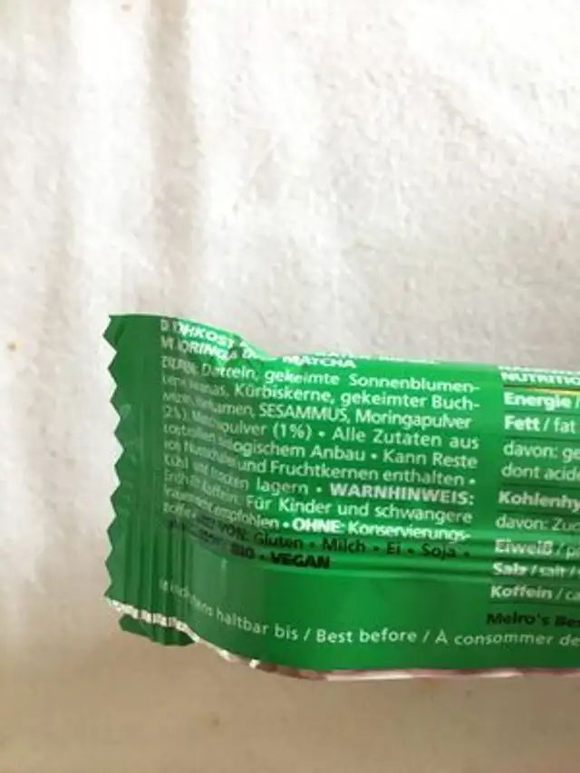 Barra De Moringa E Matcha ingredients label