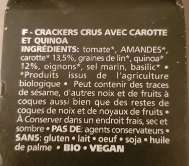 Quinoa & carrot ingredients label