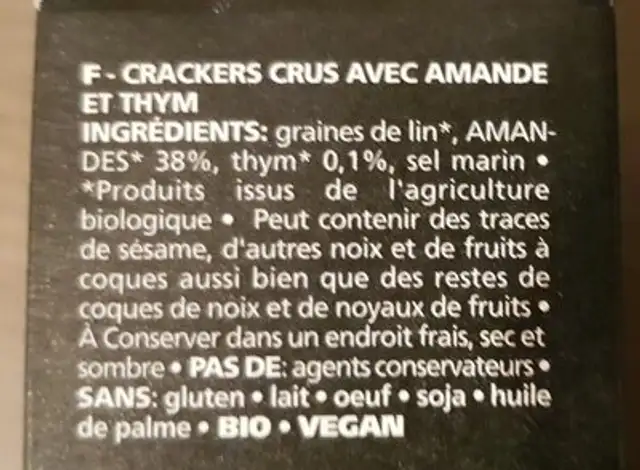 Crackers almond thyme ingredients label