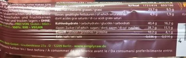 Raw Ba Chocolat Cru 40G Simply Raw ingredients label
