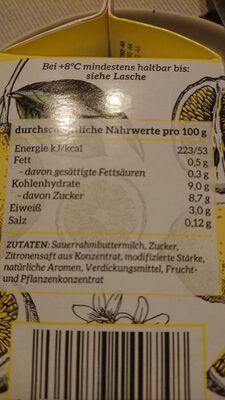 Frische Buttermilch mit Zitrone ingredients label