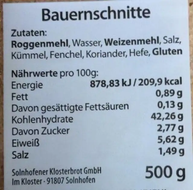 Klosterbrot Bauernschnitte 500 gr nutrition facts table
