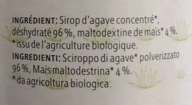 Douceur d agave cristallisée ingredients label