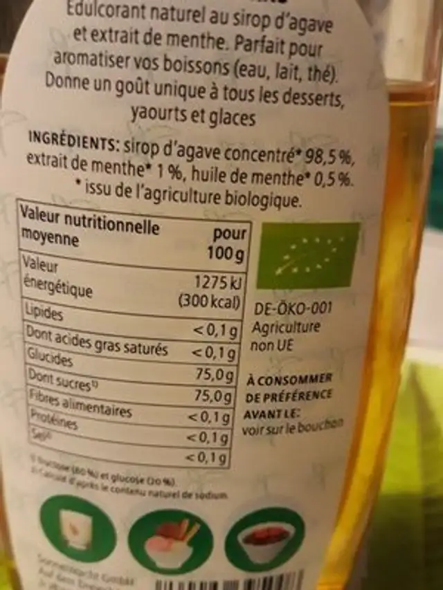 Sirop de menthe ingredients label