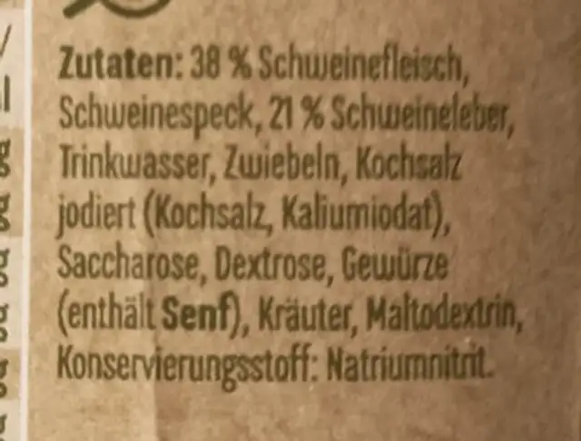 Leberwurst ingredients label