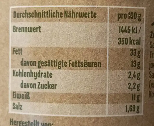 Leberwurst nutrition facts table