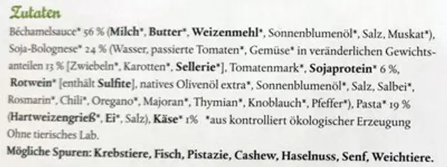 Lasagne vegetariana ingredients label