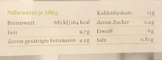 Lasagne vegetariana nutrition facts table