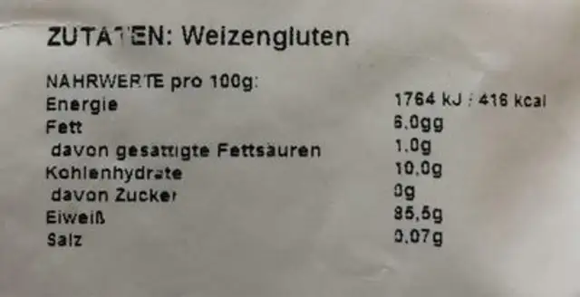 Seitan Fix, Zum Herstellen Von Seitan, Vegan nutrition facts table