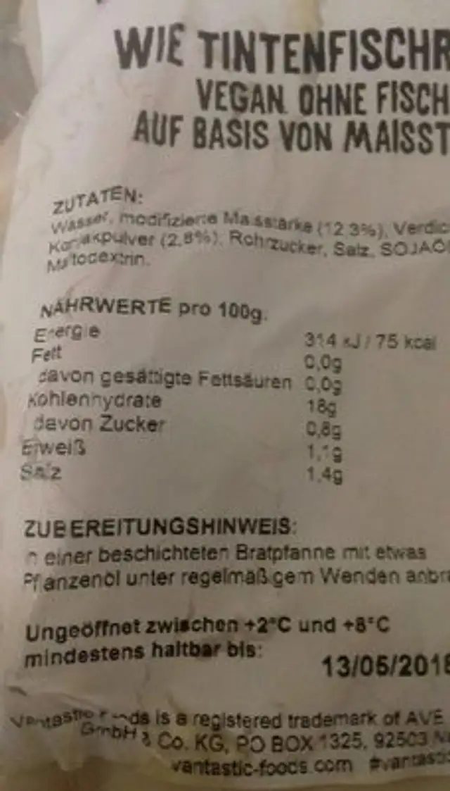 Veggie Tintenfischringe ingredients label