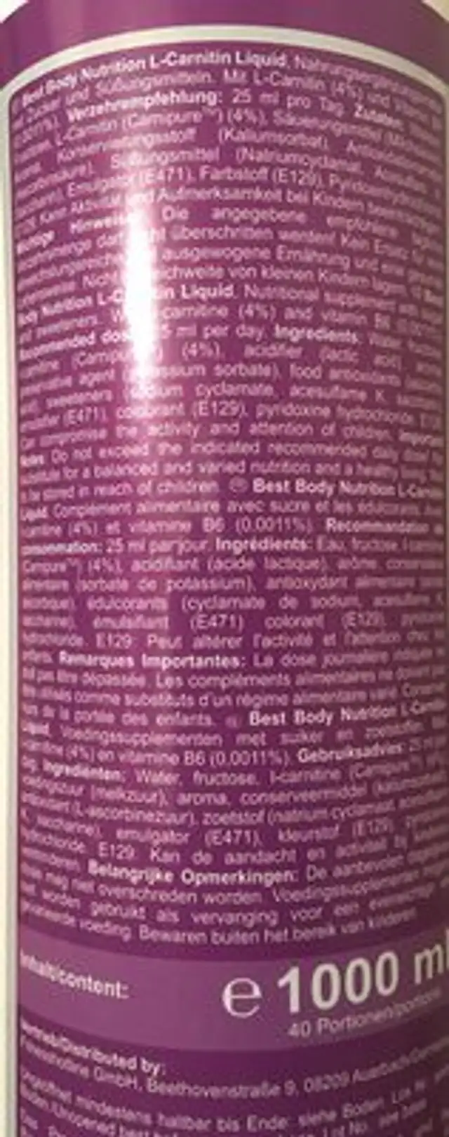 L-carnitine liquid ingredients label