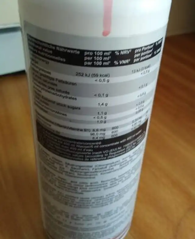Vital drink nutrition facts table