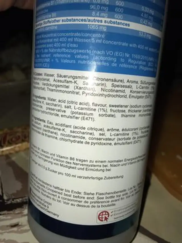 Best Body Essential Vital Drink 1000 ML Flasche Weißer Tee-pfirsich + Pumpe ingredients label