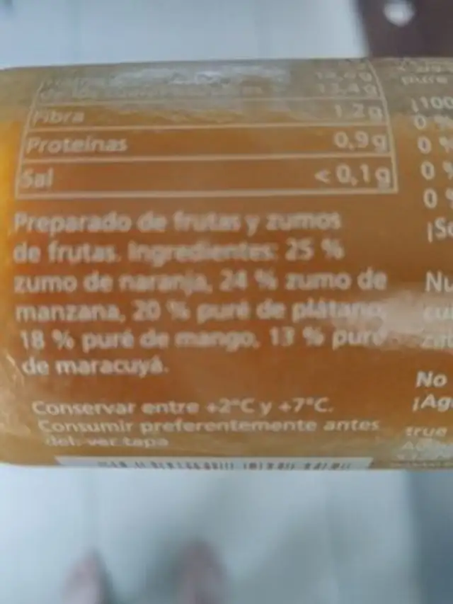 Smoothie yellow ingredients label