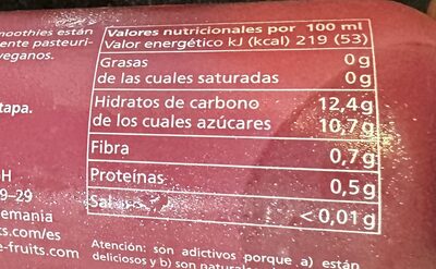 Zumo de frutos rojo nutrition facts table