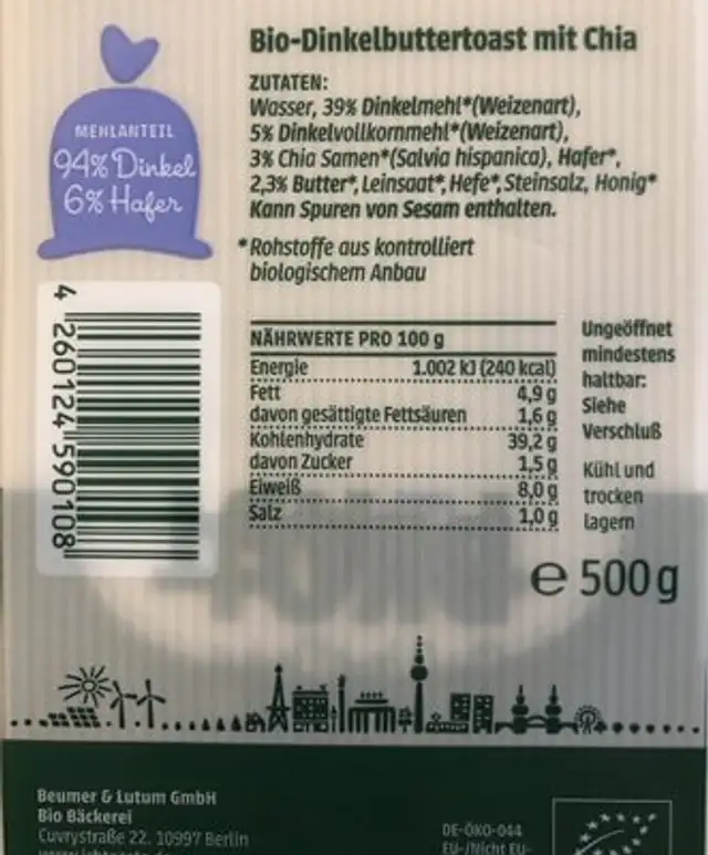 Bio Toastbrot Chia Vital ingredients label
