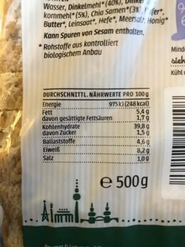 Bio Toastbrot Chia Vital nutrition facts table