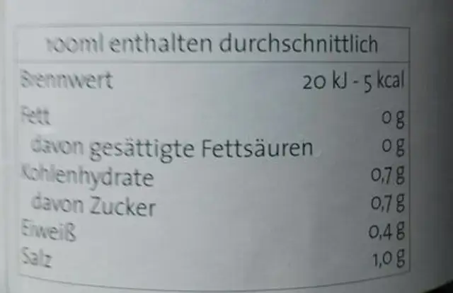 Zutat: Gemüsefond nutrition facts table