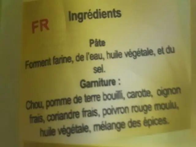 Vege samosa ingredients label