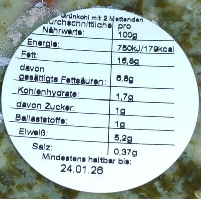 Grünkohl mit 2 Mettenden nutrition facts table