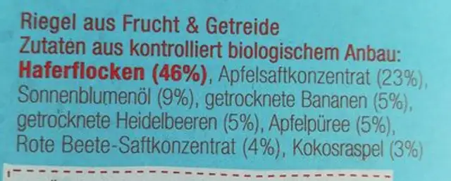 Fruchtriegel Heidelbeere-banane-hafer ingredients label