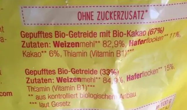 Fruchtbar Frühstückssterne ingredients label