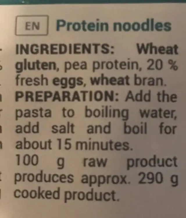 Pasta alla eva ingredients label