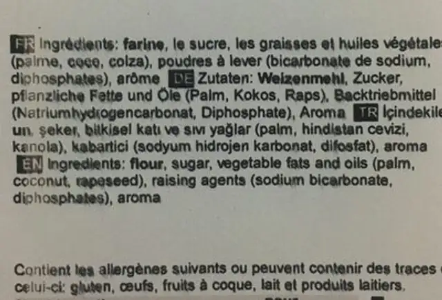 Gateau turc onur ingredients label