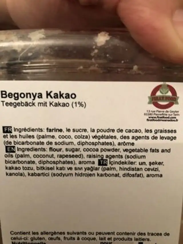 Begonya kakao ingredients label
