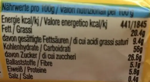 Energy cake ingredients label