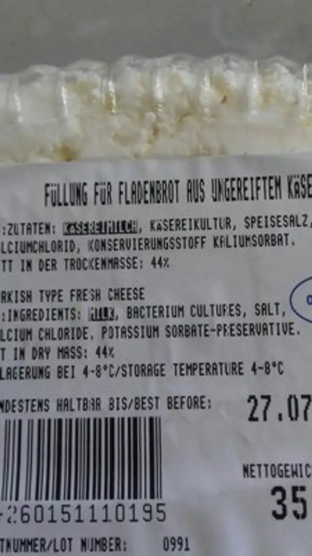 Safak Cokelek Cheese Fresch ingredients label
