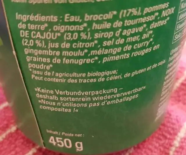 Brokkolisuppe Mit Cashewkernen Und Datteln, Jooti, 450G Saisonpause ingredients label