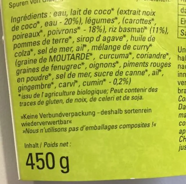 Curry thai ingredients label