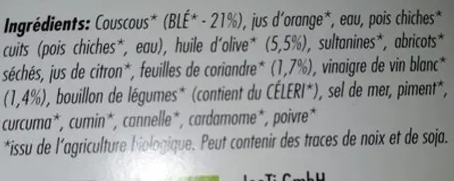 Salade de couscous à la Marocaine ingredients label