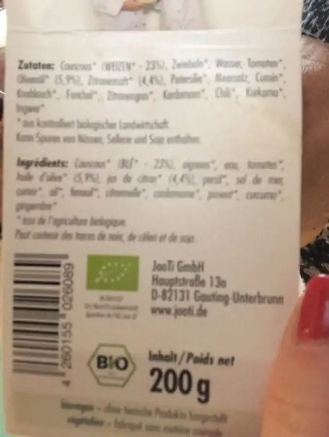 Arabisches taboule ingredients label