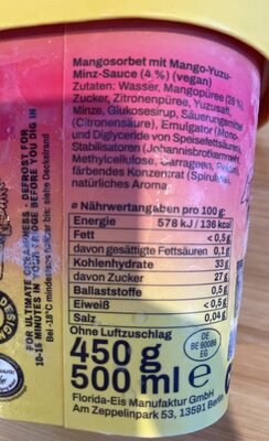 REWE MÄLZER & FU Sorbet Mango Chill 500ml 5,99€ 1l 11,98€ nutrition facts table