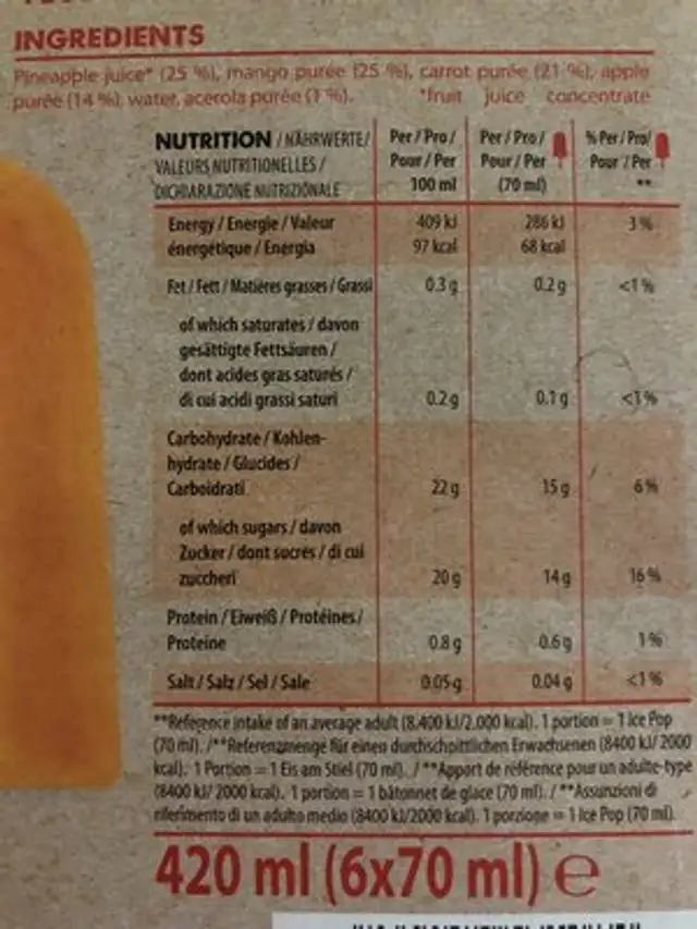 Smotthie ice Pops ingredients label