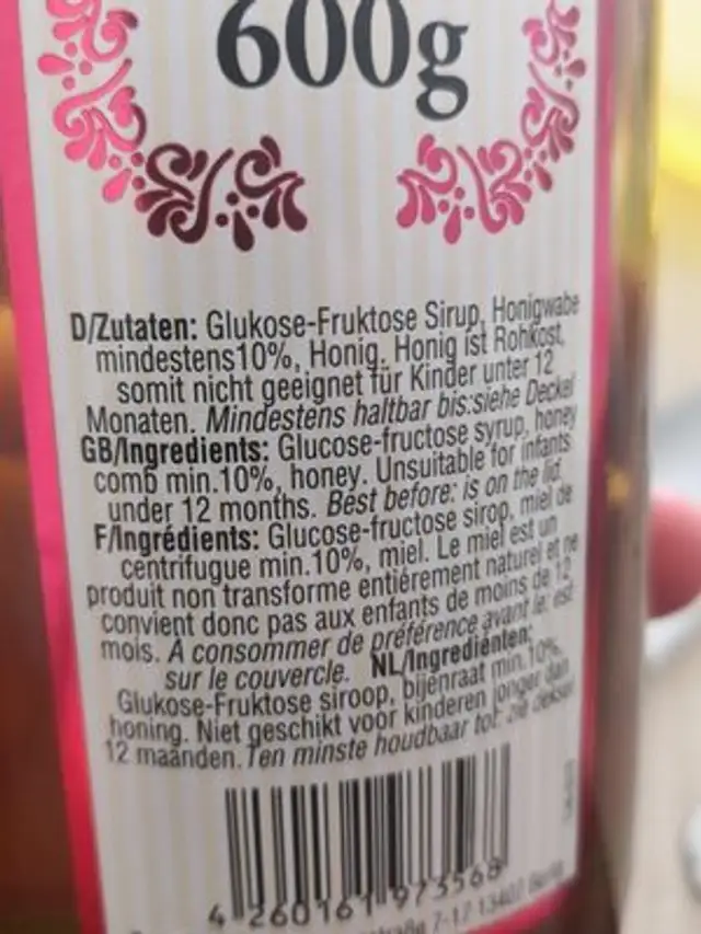 Sirop de miel ingredients label