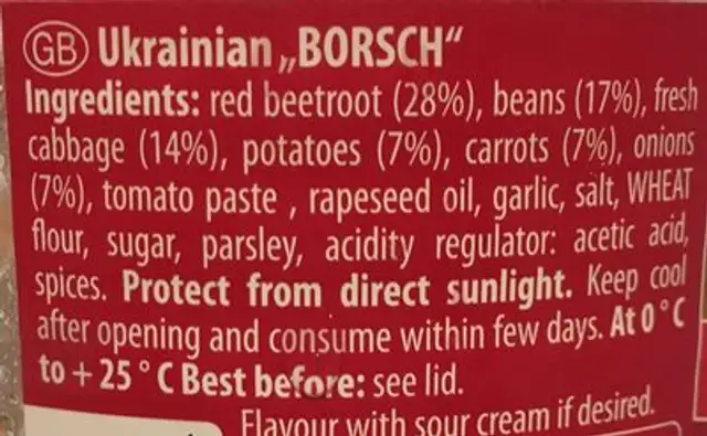 Borsch ingredients label