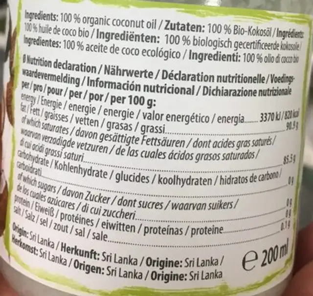 Coconut oil ingredients label