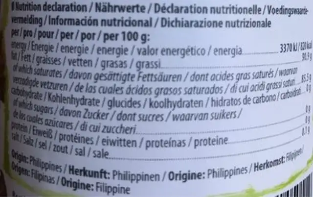 Kulau Huile De Noix De Coco Bio Pot 450 ML nutrition facts table