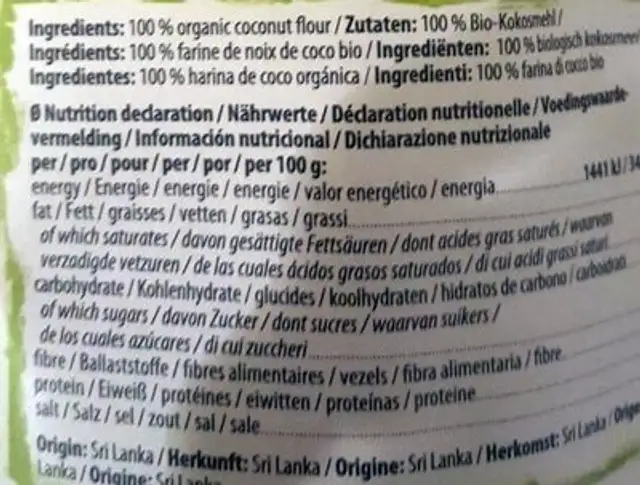 Farine de noix de coco bio nutrition facts table