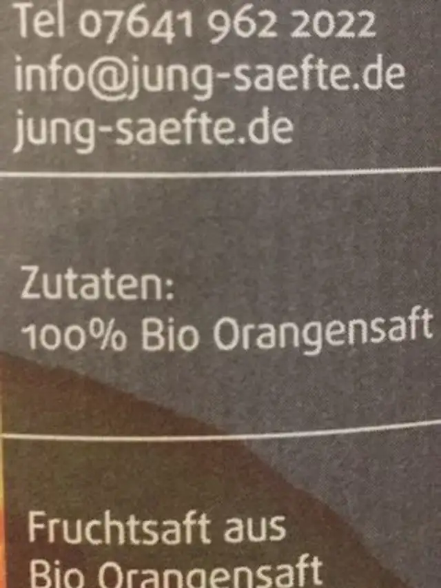 Orangensaft ingredients label