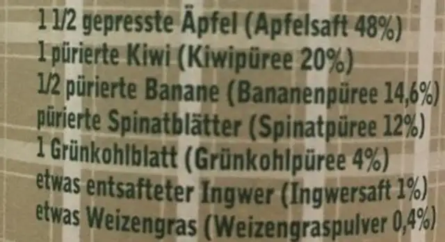 Grüner Smoothie Spinatehold ingredients label