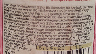 Proviant rhubarb ingredients label