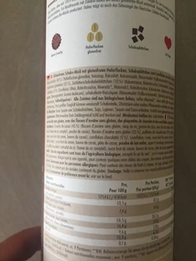 chocolat sans gluten ingredients label