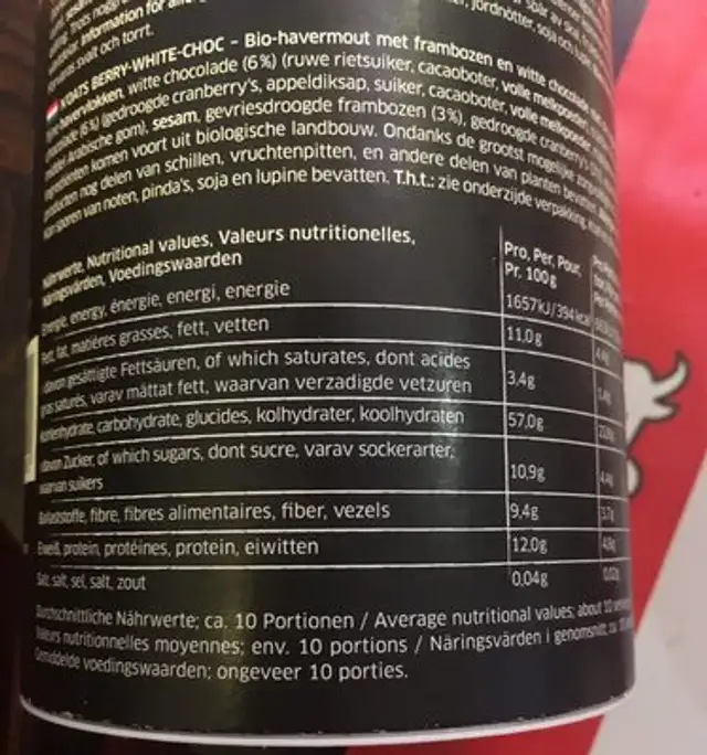Porridge berry white choc ingredients label