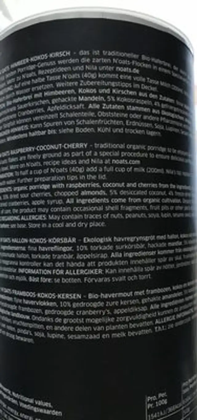 N'oats Framboise-coco-cerise ingredients label