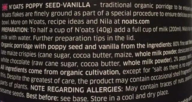 Porridge ingredients label
